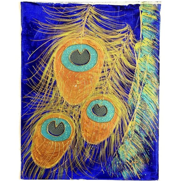 Peacock Trifecta - Original Art Handmade Blue Gold Shimmer Mixed Media Artwork